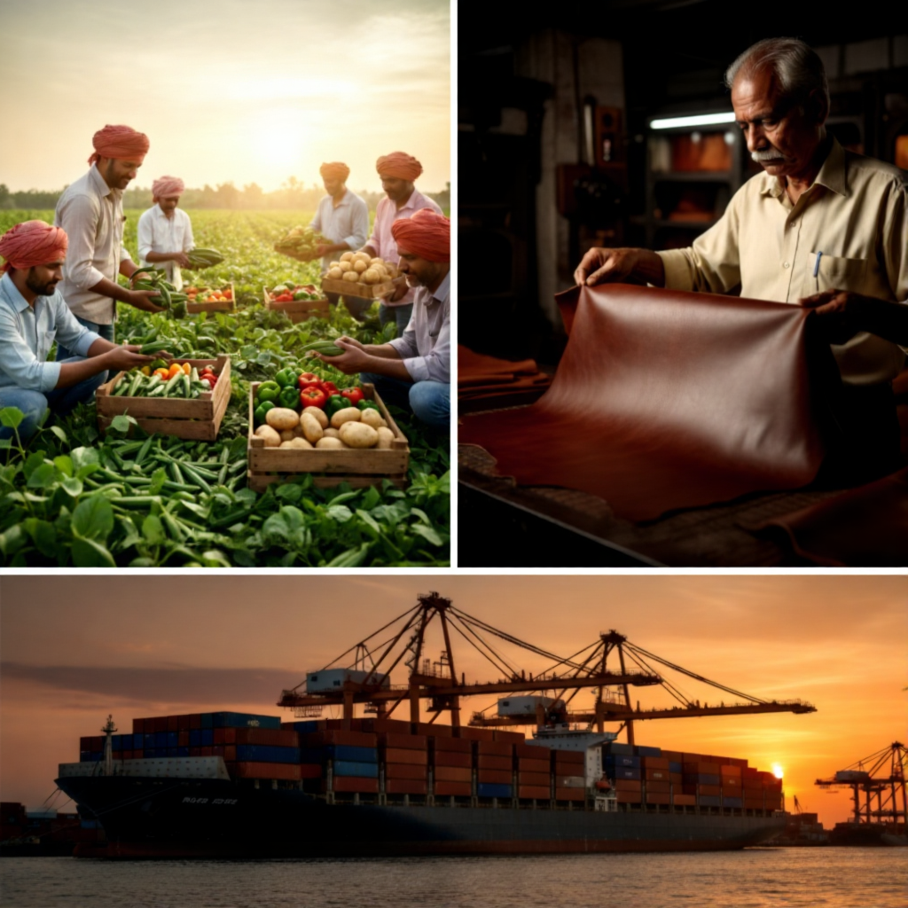 "Indian farmers harvesting fresh okra and vegetables for Rivhah Export LLP at sunrise."