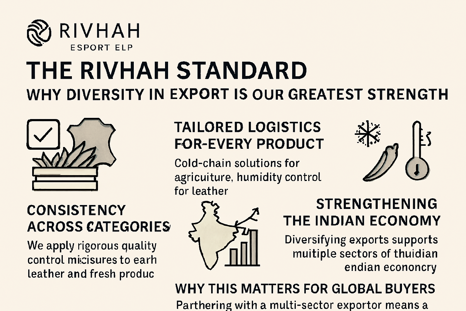 Infographic for Rivhah Export ELP titled "The Rivhah Standard." It features four sections explaining how the company manages diverse exports through tailored logistics (cold-chain and humidity control), rigorous quality measures for leather and produce, and its role in boosting the Indian economy. Icons include fresh produce, leather, a thermometer, and a map of India with a bar graph.