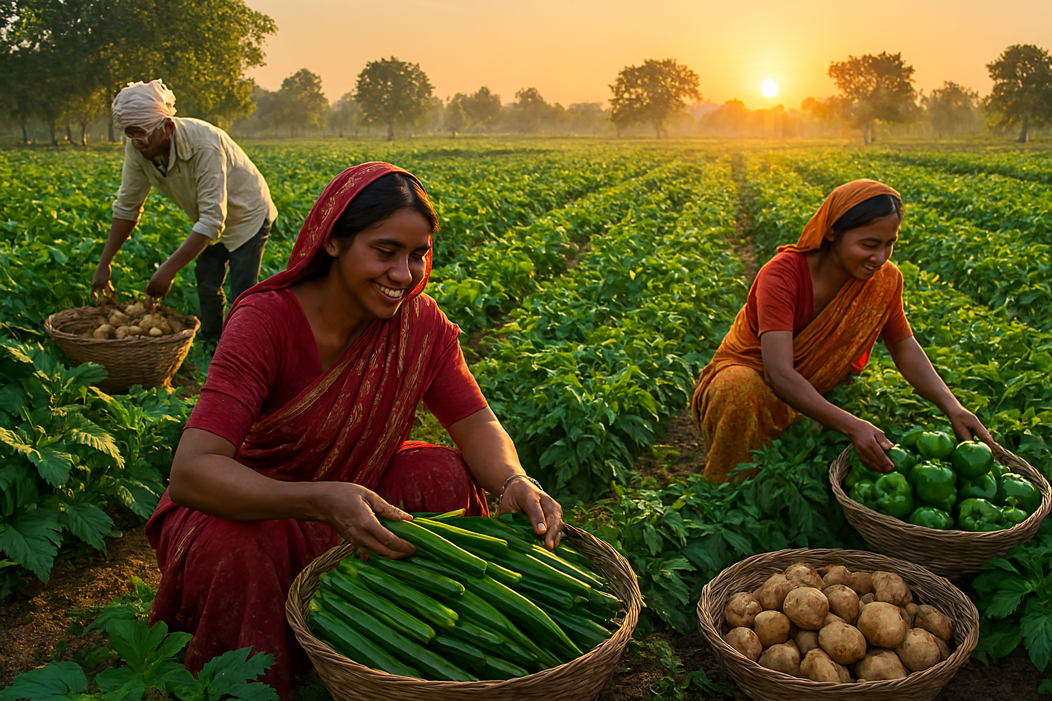 Indian farmers harvesting fresh vegetables at sunrise